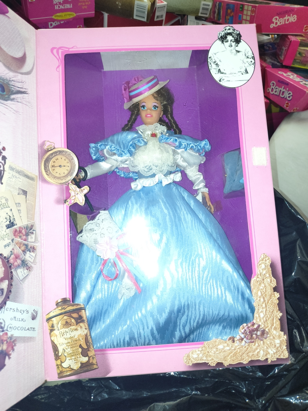 Mattel Blue Gibson Girl Barbie Style Doll in Pink Display Box